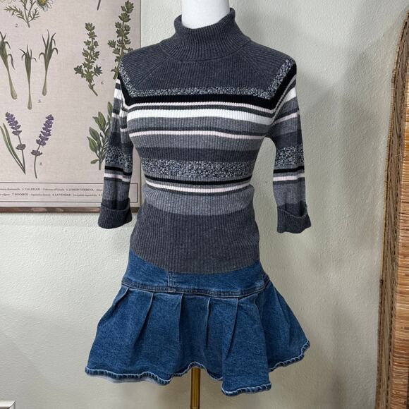 Vintage 90s Y2k Striped Turtleneck Ribbed Sweater Shoujo Girl Gloomy Coquette S - Picture 1 of 6